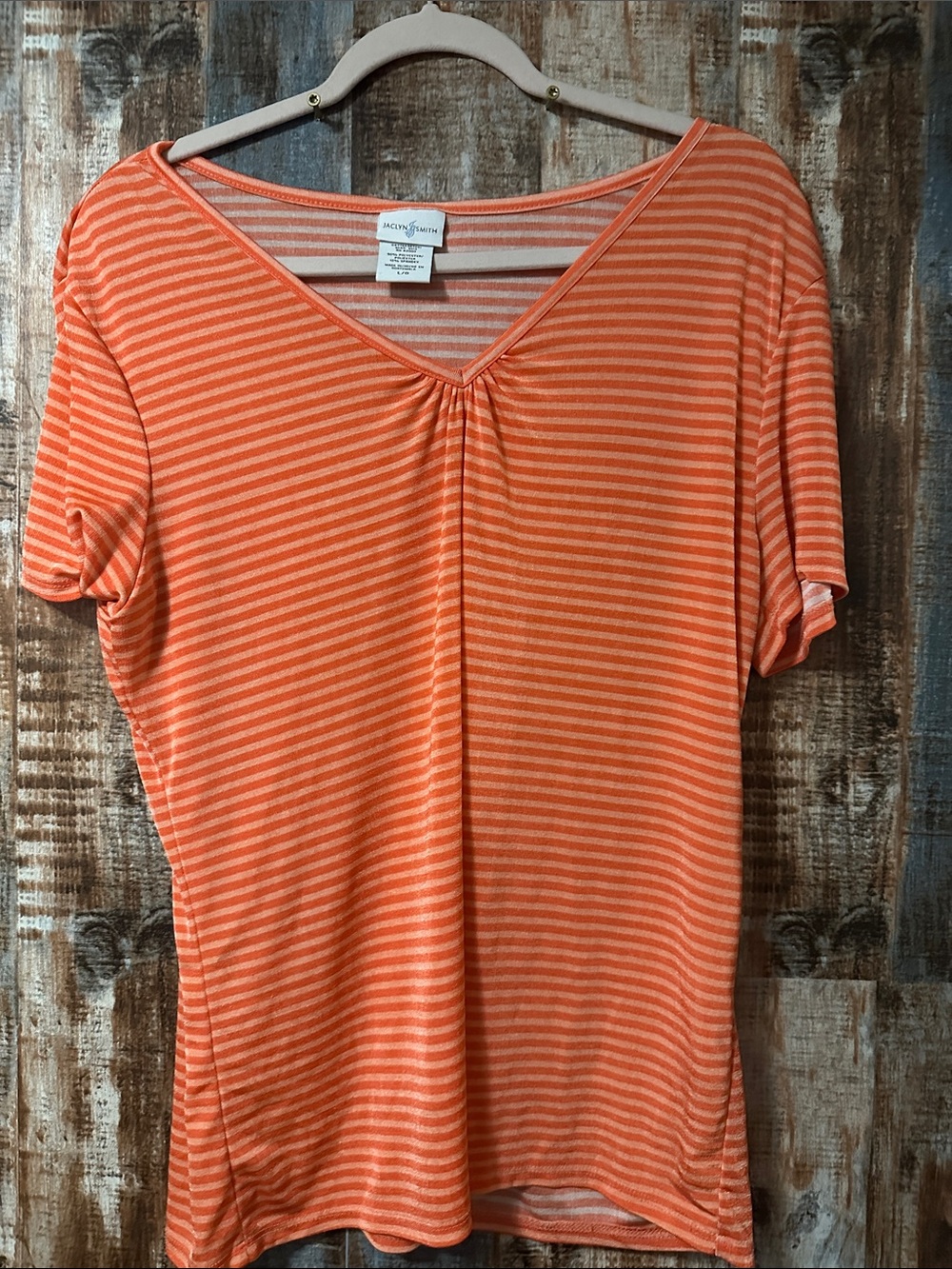 Jaclyn Smith Orange and Cream Striped V-Neck Short Sleeve Top